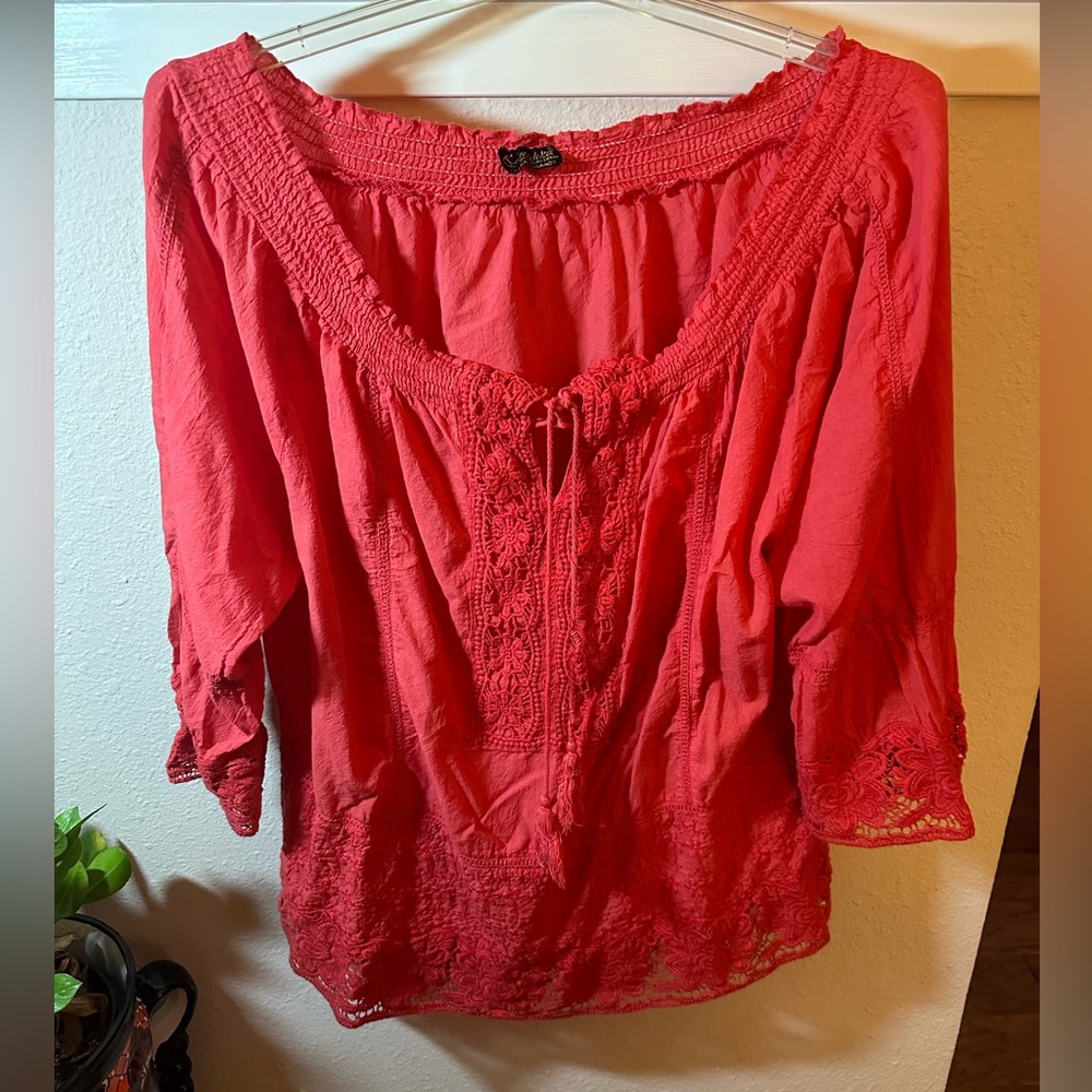 Kanishka Smocked Neck Pink Top. Long Sleeve. Lace detailing. 3X.